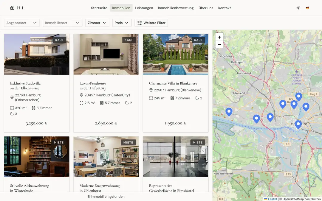 Immobiliensuche der eleganten Portfolio Webseite mit Kartenansicht.